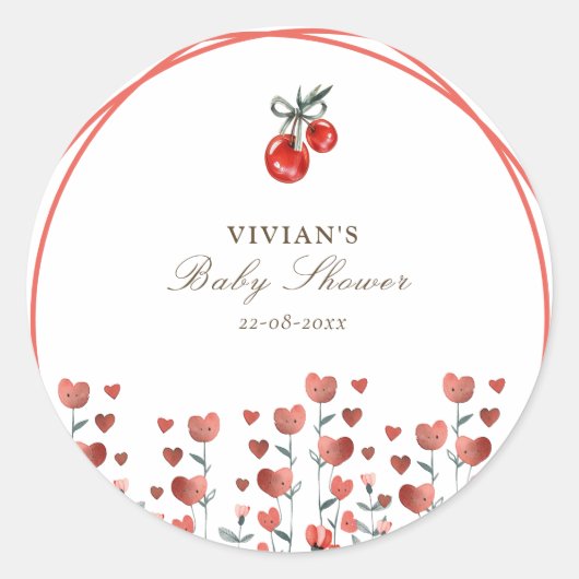 Waterverf Hart Floral Cherry Op Top Baby shower Ronde Sticker (Voorkant)