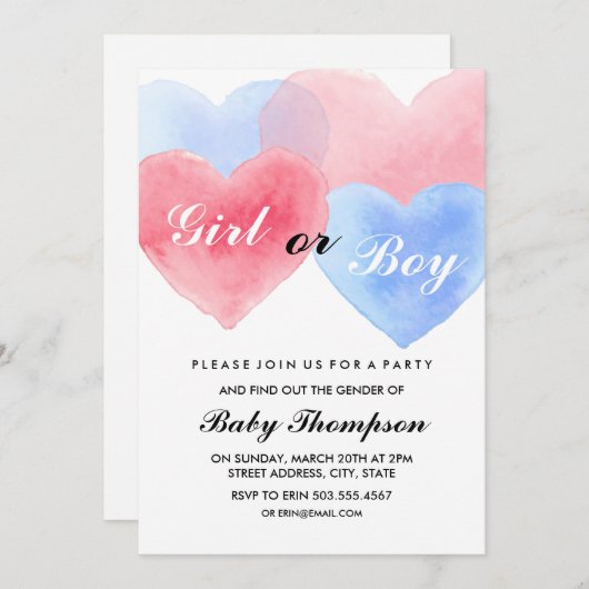 Waterverf Hart Geslacht Onthulling Uitnodigingen (Voorkant / Achterkant)