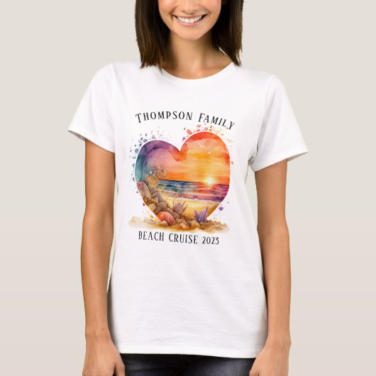 Waterverf Hart Strand Familie Cruise Vakantie T-shirt (Voorkant)