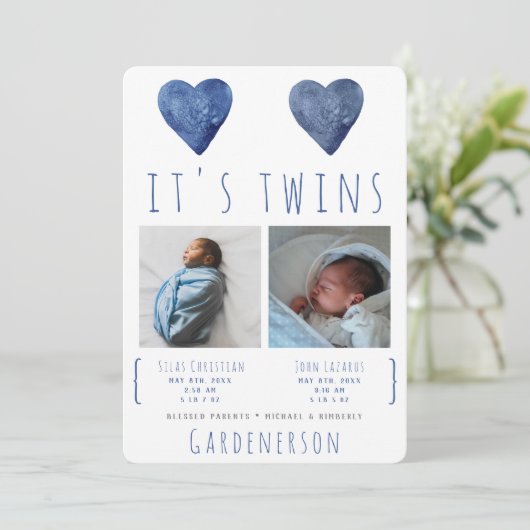 Waterverf Hart Twins Boys kondiging Aankondiging (Staand voorkant)