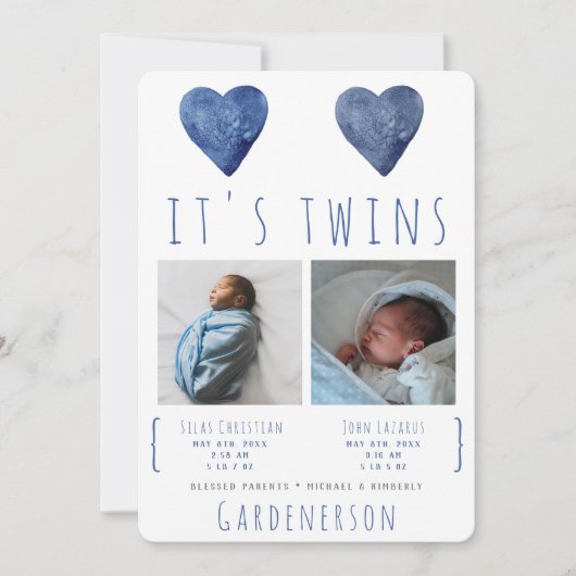 Waterverf Hart Twins Boys kondiging Aankondiging (Voorkant)