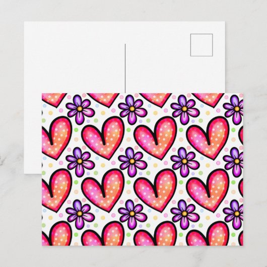 Waterverf Harten & Bloemen Valentijnpatroon Briefkaart (Voorkant / Achterkant)