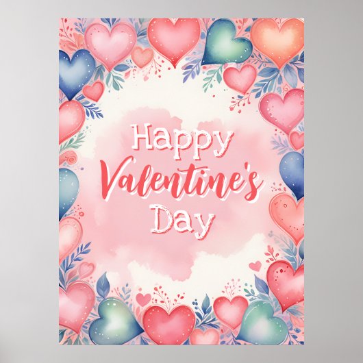 Waterverf Harten en Bloemen Valentijnsdag Art Poster (Voorkant)