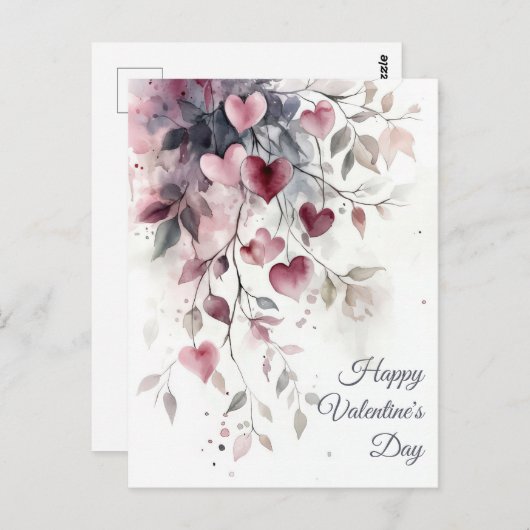 Waterverf Harten en Bloemen Valentijns's Groet Briefkaart (Voorkant / Achterkant)