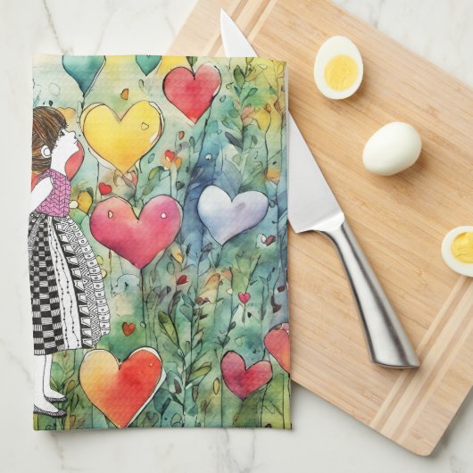 Waterverf harten en een klein meisje 1/2 vouw theedoek (Quarter Fold)