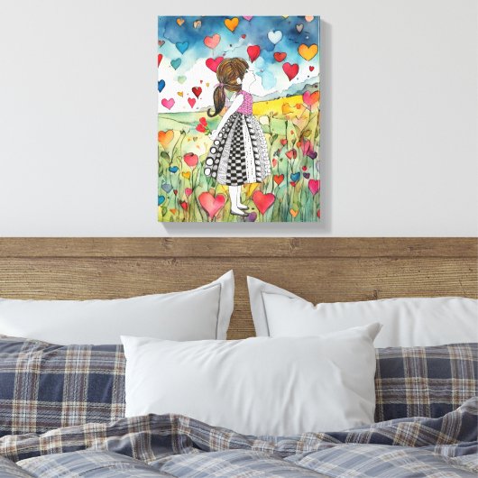 Waterverf harten en een klein meisje canvas afdruk (Insitu (Slaapkamer))