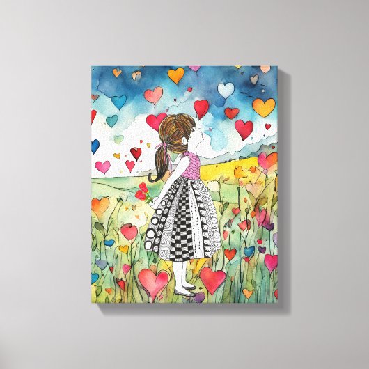 Waterverf harten en een klein meisje canvas afdruk (Voorkant)