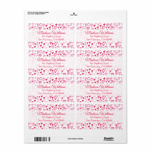 Waterverf harten | Liefdeswoorden Patroon IV Etiket (Full Sheet)