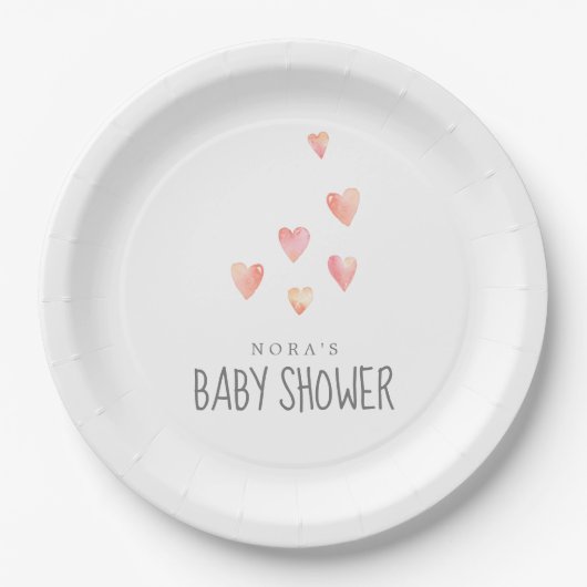 Waterverf Harten Meisje Baby shower Papier Bord (Voorkant)