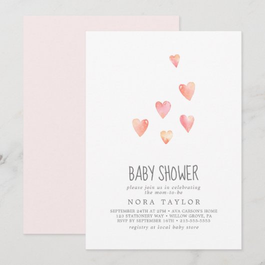 Waterverf Harten Meisjes Baby shower Uitnodiging (Voorkant / Achterkant)