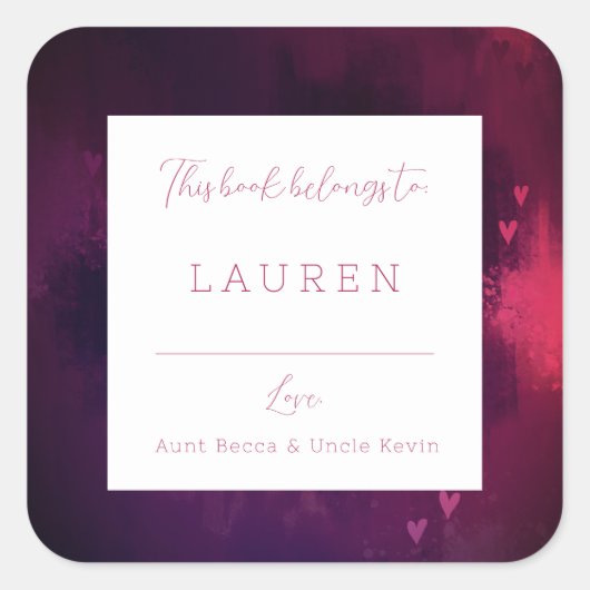 Waterverf Harten Valentijn Bookplate Vierkante Sticker (Voorkant)