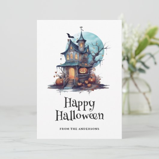 Waterverf Haunted House Happy Halloween Kaart (Staand voorkant)
