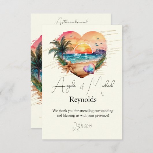 Waterverf Hawaii Beach Sunset Hart Bruiloft Bedankkaart (Voorkant / Achterkant)