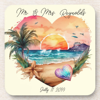 Waterverf Hawaii Beach Sunset Hart Bruiloft Bier Onderzetter
