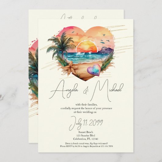 Waterverf Hawaii Beach Sunset Hart Bruiloft Kaart (Voorkant / Achterkant)