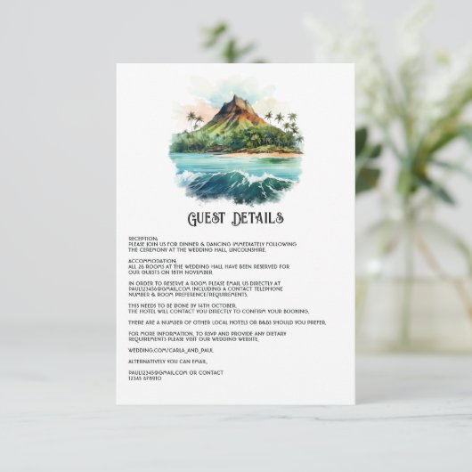 Waterverf Hawaii bruiloft gastgegevens Informatiekaartje (Staand voorkant)