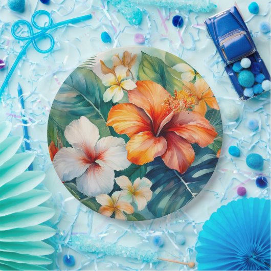 Waterverf Hawaiian Garden Tropical Hibiscus Papieren Bordje (Feest)