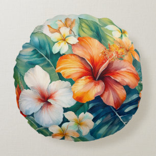 Waterverf Hawaiian Garden Tropical Hibiscus Rond Kussen