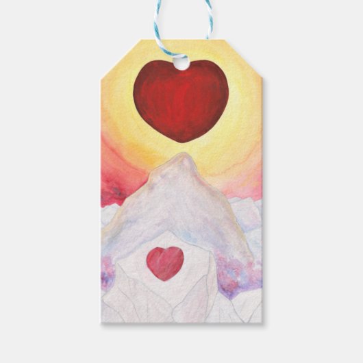 Waterverf Heart Love drijft boven bergen Cadeaulabel (Voorkant)