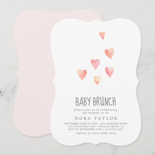 Waterverf Hearts Girl Baby Brunch Uitnodiging (Voorkant / Achterkant)