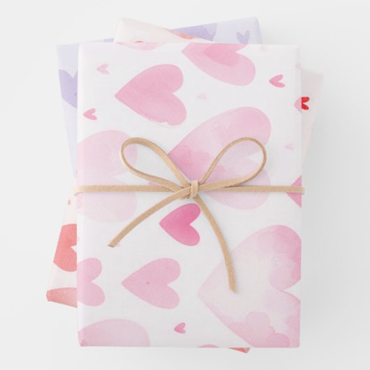  Waterverf Hearts Trio Roze Rood Paarse Gift Inpakpapier Vel (In situ)