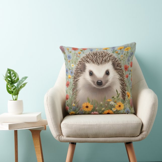 Waterverf Hedgehog en Kleurrijke Wildbloemen Kussen (Stoel)