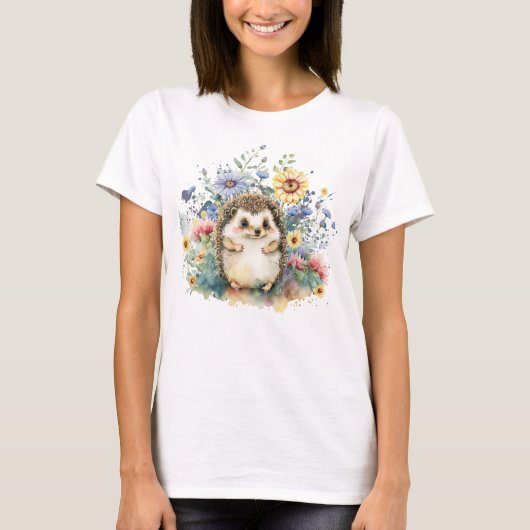 Waterverf Hedgehog in Flowers T-shirt (Voorkant)