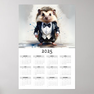 Waterverf Hedgehog Tux Bow Stropdas 2025 Wandkalen Poster