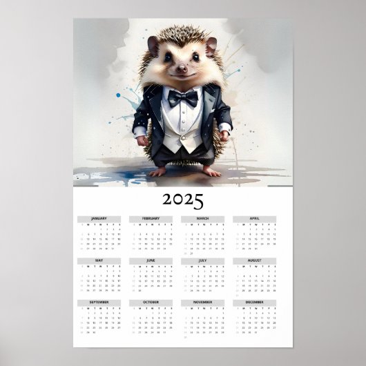 Waterverf Hedgehog Tux Bow Stropdas 2025 Wandkalen Poster (Voorkant)