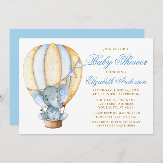 Waterverf Heet Luchtballon Elephant Baby shower Kaart (Voorkant / Achterkant)