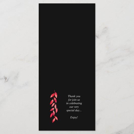 Waterverf Heet Roze Bladeren op Zwart Bruiloft Menu (Achterkant)