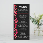 Waterverf Heet Roze Bladeren op Zwart Bruiloft Menu (Staand voorkant)
