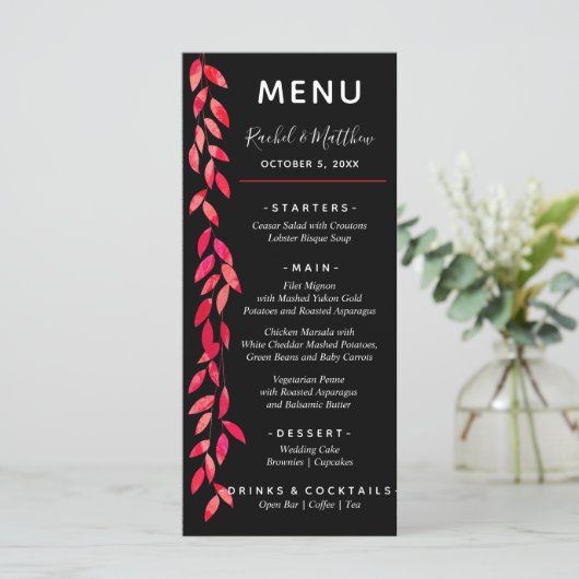 Waterverf Heet Roze Bladeren op Zwart Bruiloft Menu (Staand voorkant)