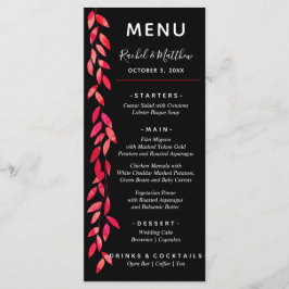 Waterverf Heet Roze Bladeren op Zwart Bruiloft Menu