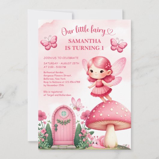 Waterverf heet roze sprookjestuin feestmeisje kaart (Voorkant)