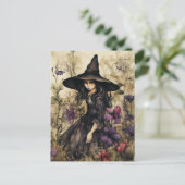 Waterverf heks met bloemen briefkaart (Staand voorkant)
