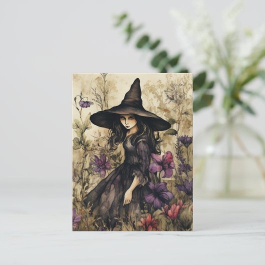 Waterverf heks met bloemen briefkaart (Staand voorkant)