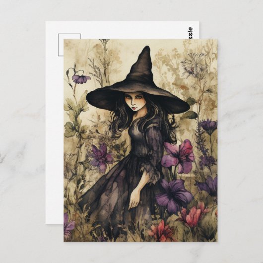 Waterverf heks met bloemen briefkaart (Voorkant / Achterkant)