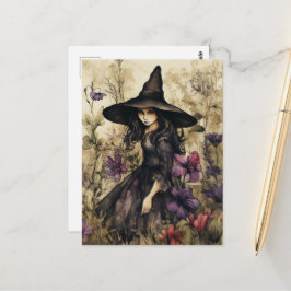 Waterverf heks met bloemen briefkaart