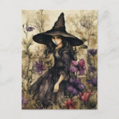 Waterverf heks met bloemen briefkaart (Voorkant)