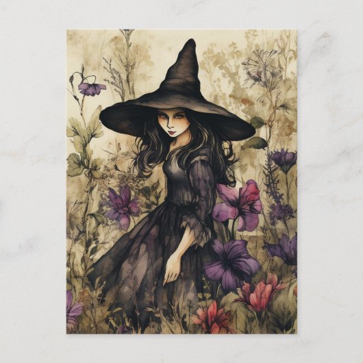 Waterverf heks met bloemen briefkaart (Voorkant)