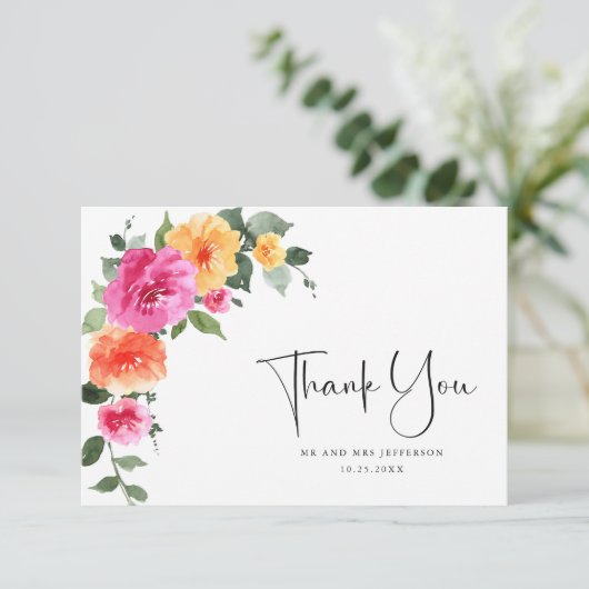 Waterverf Helder Roze Bereik Bloemen Bruiloft Bedankkaart (Staand voorkant)