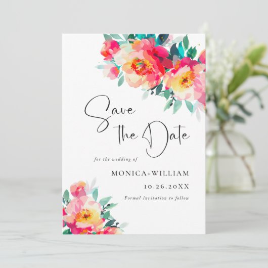 Waterverf Helder Roze Bloemen Bruiloft Save The Date (Staand voorkant)