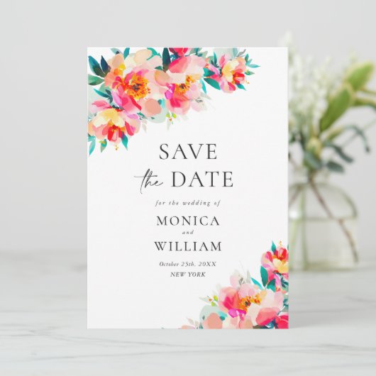 Waterverf Helder Roze Bloemen Bruiloft Save The Date (Staand voorkant)