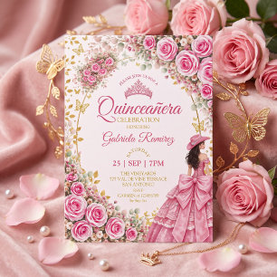 Waterverf helder roze rozen gouden Quinceañera Kaart
