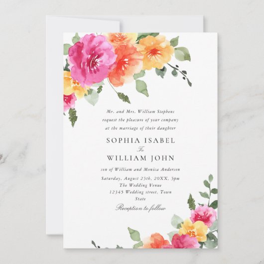 Waterverf Helder Roze Sinaasappel Bloemen Bruiloft Kaart (Voorkant)