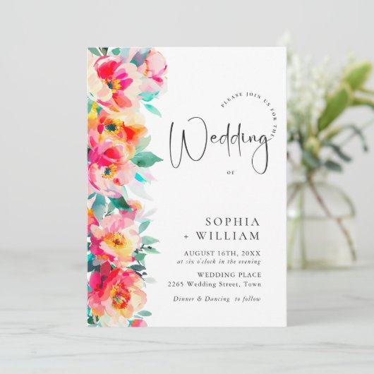 Waterverf Helder Roze Sinaasappel Bloemen Bruiloft Kaart (Staand voorkant)