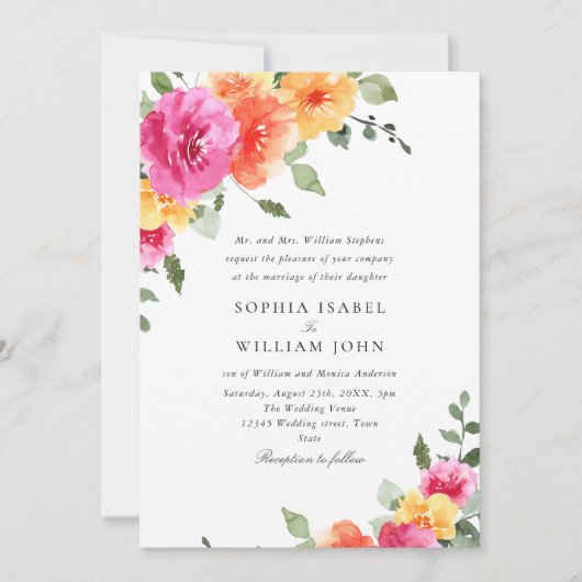 Waterverf Helder Roze Sinaasappel Bloemen Bruiloft Kaart (Voorkant)