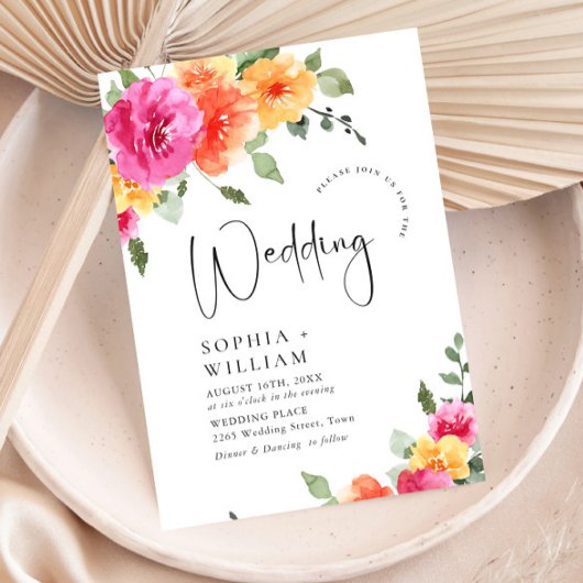 Waterverf Helder Roze Sinaasappel Bloemen Bruiloft Kaart