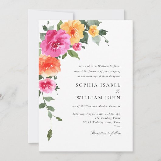 Waterverf Helder Roze Sinaasappel Bloemen Bruiloft Kaart (Voorkant)